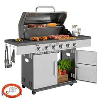 Gas Grill 8500BTU Grill Cart incl. 6 Stainless Steel Burners, Thermometer, Pressure Regulator, 143 x 55 x 110 cm, Silver 143 x 55 x 110 cm sidabras