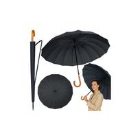 Automatinis ilgas skėtis 24 briaunų medinė rankena 115 cm, juodas