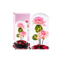 Amžinoji rožė kupole su LED apšvietimu ir rausvais žiedlapiais 21x11cm