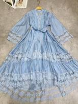 High-End French Fairy Bell Sleeve Lace Splicing Holiday Dress XL mėlyna