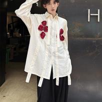 Men's 3D Rose Embroidery Ribbon Detail Oversized Long Sleeve Button Down Shirt Casual Streetwear Top S balta