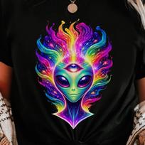 Psychedelic Alien Third Eye Shirt | Trippy Cosmic Consciousness Tee | Neon Space Art Graphic S