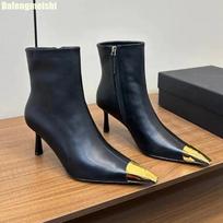 Fashion Metal Square Toe Short Boots for Women 2025 New Autumn Winter Plus Velvet Genuine Leather Sexy High Heels Stiletto Knight Boots 34