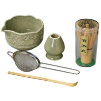 Matcha Whisk Set - 5Pcs Tiny Flower Matcha Set Includes 18.5oz/550ml Chawan with Spout, Bamboo Chasen Whisk with Ceramic Holder žalia