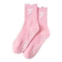 Bow Non-Slip Grip Pilates Socks Cotton Breathable Yoga Socks Casual Sweat-absorbent Floor Socks for Women One Size rožinė