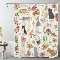 Boho Green Botanical Shower Curtain for Bathroom, Nature Plant Flower with Funny Black Cat Fabric Shower Curtain, Rustic Country (as the picture,W90xH180cm-35x70in)
