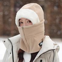 Windproof Winter Balaclavas Cap Furry Mask Pullover Cap Fashion Plush Neckerchief  Women Khaki Thickened