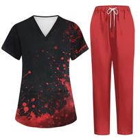 Women's Short Sleeve Costume Set with Halloween Print, Two-Piece Top and Pants Outfit L juoda