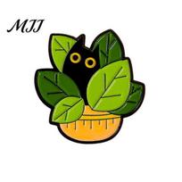 Cat Brooch Enamel Cartoon Green Plant Shape Lapel Pin Animal Jackets Hats Sweatshirts School Bags Badge Outfit Accessory A