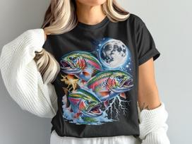 Vibrant Rainbow Trout Fishing T-Shirt, Moonlit Angler Tee, Lightning Fish Art, Unique Wildlife Design, Outdoors Lover Gift S