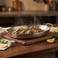 Hammered Stainless Steel Serving Pan Loop Handles Raised Rims Silver L brown