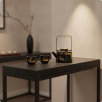 Teapot and Cups Set Dark Glazed Ceramic Tea MetalLike Accents