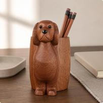 Wood Puppy Pen Holder Carved Sitting Organizer Floppy Ears Dog Sapele