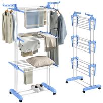 Foldable Clothes Drying Rack, 4-Tier Steel Garment Laundry Rack with Castors for Indoor and Outdoor Use, Blue 73 x 64 x 177 cm