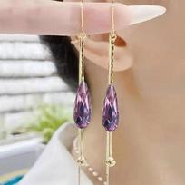 Korea Luxury Long Green Drop Crystal Earstring Fashion Temperament Simple Tassel Earrings Vintage Women Pendant Earring Party violetinė