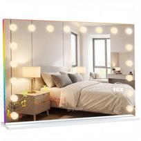 Holivudinis kosmetinis veidrodis su 18 reguliuojamų LED lempučių, 3 spalvų, RGB šviesa, Bluetooth garsiakalbiu, 10x didinimu, baltas 80 x 14 x 60 cm balta