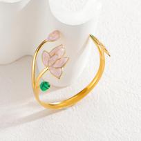 18k Gold Chinese Lotus Open Bangle: Stylish Light Luxury Titanium Steel Women's Bracelet