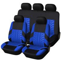 9 Piece Tire Tread Pattern Knitted Fabric Car Seat Covers Full Set Front Rear Seats Headrest Protection Durable Fit One Size mėlyna