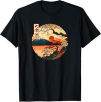 Japanese Red Sunset and Mountain Asian Fuji Kanji Japan Art T-Shirt XL
