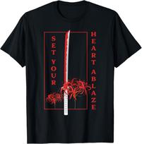 Katana Set Your Heart Ablaze Japanese Anime Aesthetic Flower T-Shirt L