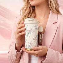 Coffee Mug 532ml Tulip Bunny Element Lanyard Insulated Cup Car Cup Commute Coffee Cup Heat Proof Travel Cup Large Capacity Cup Coffee Mug 532ml