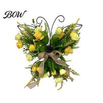 Yellow Tulip Wall Decor Iron Wire Butterfly Frame Door Hanger Wreath for Front Artificial Hanging Decoration Floral with Burlap Bow Spring Summer 1pc