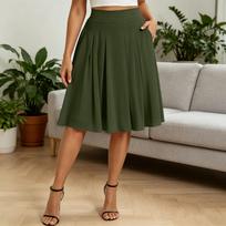 Women's -color baggy skirt for commuting, slimming effect, high-waisted pleated draping pocket, A-line half-length dress L armijos žalia spalva