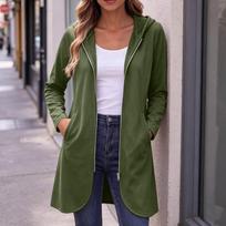 Women's Casual Long Hooded Zip-Up Coat with Pockets for Everyday Wear L armijos žalia spalva