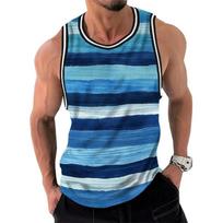 Vyriški Vintažiniai Dryžuoti 3D Spausdinti Marškinėliai be Rankovių Madingi Vasariniai Laisvi Greitai Džiūstantys Kvėpuojantys T-shirt Drabužiai S blue