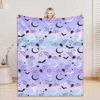 1 vnt. Laimingo Helovino pledas Violetinis dangus Šikšnosparniai Mėnulis 3D spaudinys Flanelinis pledas namų svetainės dekoravimui Helovino vakarėlio dovana 75x90cm
