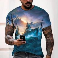 Summer New Men's Vintage 3D Print Pattern Pirate Ship Round Neck Short Sleeve T-shirt Men's Plus Size Top XXS