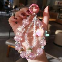 Mobile Phone Lanyard Women Colorful Tulip Crystal Beads Pendant Double Chain Short Wrist Chain Hand-Beaded Anti-Lost Charm Strap rožinė