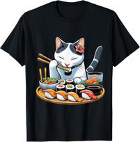 Tokyo Cat T-Shirt Banquet Neko Sushi Feast Unisex-Adult Black S