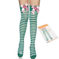 Ribbed Fabric Thigh High Long Socks with Strawberry Bowknot for Women Striped Over Knee Stockings Roleplay Party Hosiery