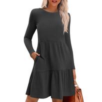 Womens Long Sleeve Dress Casual Knit Crewneck Knee Length Dresses With Pockets L