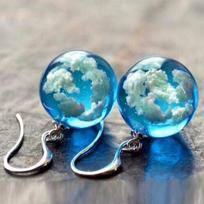 Exquisite Fashion Round Glass Blue Sky and White Clouds Pattern Earrings Personality Silver Metal Hook Dangle Earrings