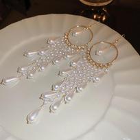 Exaggerated zircon circle long water drop imitation pearl fringed ear hook niche premium earrings