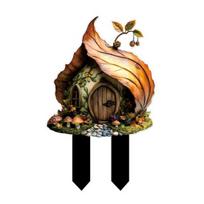 Elf Hut Garden Stake, 2D Acrylic Fairy Tale Cabin Decoration, Cute Mushroom House Yard Art Stake, Waterproof Outdoor Decor for Garden B
