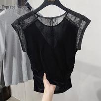 Cypress Sheer Elegant Spliced Round Neck Top XXL juoda