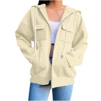Women's Plain Zip-Up Hoodie - Oversized Long Sleeve Hooded Sweatshirt for Street Casual Wear L smėlis