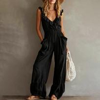 Women's V Neck Zip Pocket Sleeveless Ruffle Wide Leg Jumpsuit L juoda