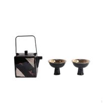 Teapot and Cups Set Dark Glazed Ceramic Tea MetalLike Accents