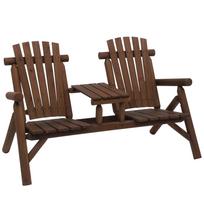 Wood Patio Chair Bench 2 Seats w/ Centre Coffee Table, Garden Bench, Carbonized 157 x 88 x 103 cm ruda