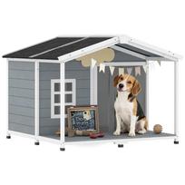Dog House Weatherproof Elevated Dog House made of Wood with Asphalt Roof, Terrace, for Medium-Sized Dogs 103x107x83.5cm Grey 107 x 103 x 83.5 cm pilka