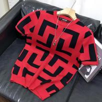 2024 Men's Checkerboard Knit Sweater: Hong Kong Style, Round Neck, Short-Sleeved, Autumn Trend 3XL raudona