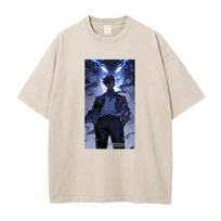 Hot Anime Solo Leveling Sung Jin Woo Graphic Printed Tshirt Men Street Washed Cotton T-shirts Oversized Tee Harajuku T Shirt S įvairiaspalvis