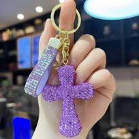 Full Rhinestone Cartoon Cross Car Keychain Shiny Crystal Key Ring Cute Pendant for Women Backpack Decor Daily Use Small Gift violetinė