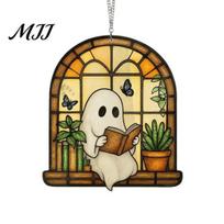 Suncatcher Halloween Ghost Reading Sun Catcher, Stained Glass Style Window Hanging Ornament Ornament, Cute for Home Garden Decor Acrylic Catcher S 1pc