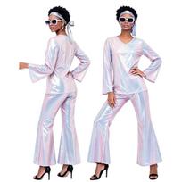 Women's 70s Retro Costume for Halloween Party Shiny Hippie Dress L smėlis