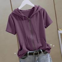 Women's Short Sleeve Zip Up Hoodie T-shirts Casual Drawstring Hooded Top with Pocket Lightweight Summer Sweatshirt Clothing M violetinė